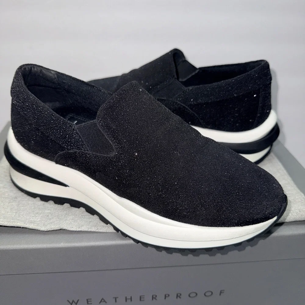 Aquatalia Leola Metallic‎ Suede Platform Slip On Sneakers Black L5019-BLK 5.5M